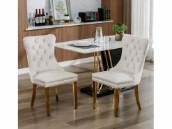 Juego de 2 sillas de comedor - Sillas con respaldo acolchado y patas de acero inoxidable dorado - con ribete tachonado - terciopelo beige Beige / Dorado