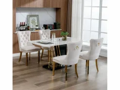 Juego de 2 sillas de comedor - Sillas con respaldo acolchado y patas de acero inoxidable dorado - con ribete tachonado - terciopelo beige Beige / Dorado