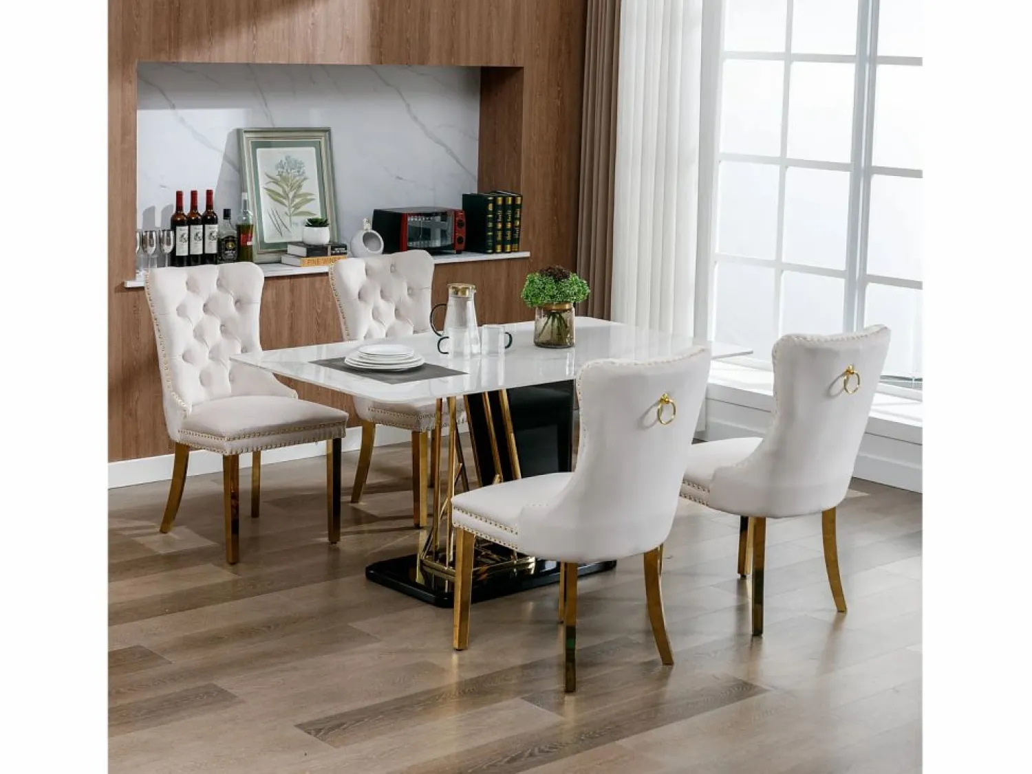 Juego de 2 sillas de comedor - Sillas con respaldo acolchado y patas de acero inoxidable dorado - con ribete tachonado - terciopelo beige Beige / Dorado