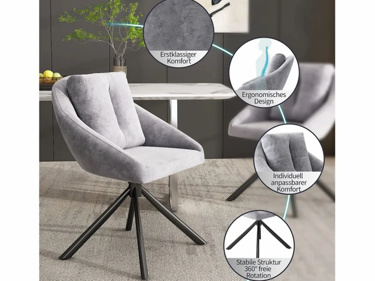 New Merax Juego de 2 sillas de comedor de terciopelo - 79 x 51,5 x 51,5 cm - Elegantes y cómodas sillas giratorias - con cojines - Gris