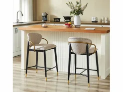 Juego de 2 taburetes de bar en tejido chenilla marrón claro - Patas de metal y dorado Muebles De Bar|Taburete Alto