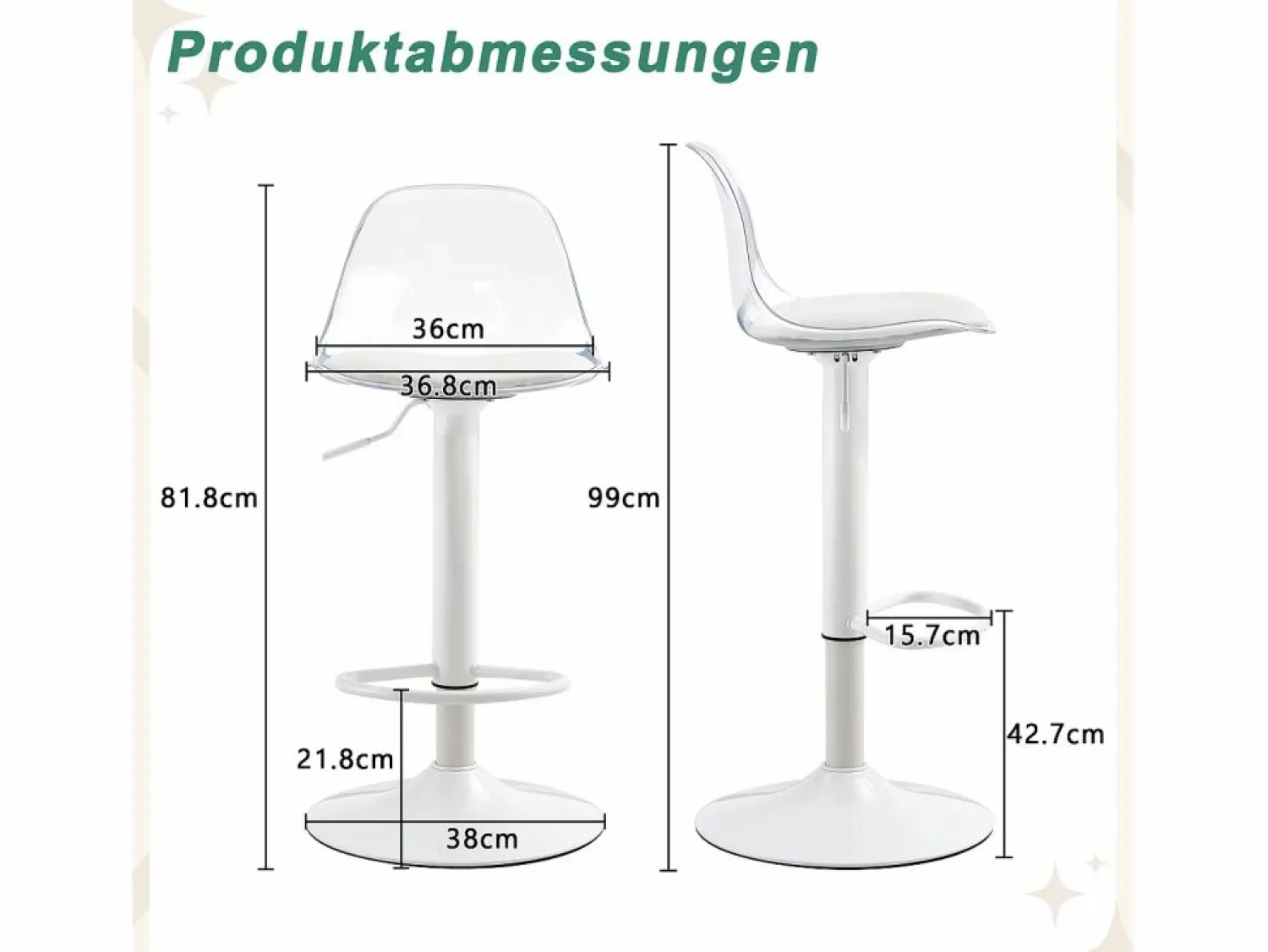 Hot Juego de 2 taburetes de bar con respaldo transparente - Altura ajustable - Patas de metal Muebles De Bar|Taburete Alto