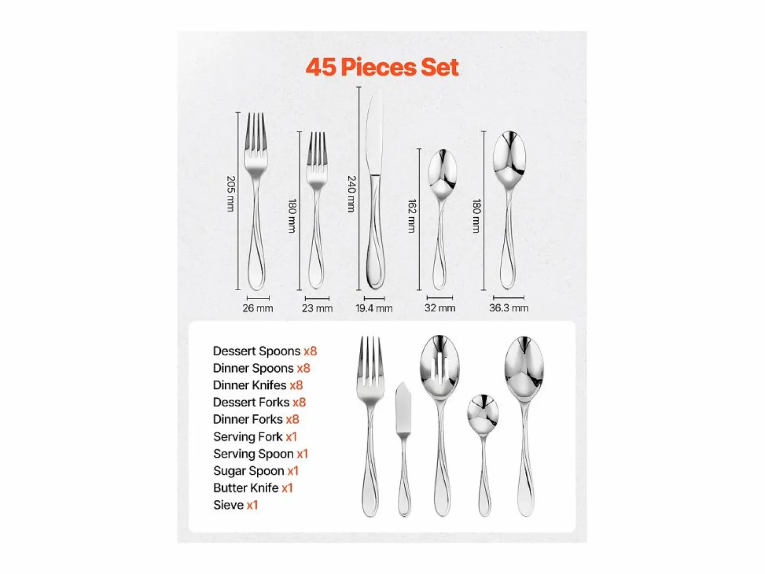 Online Juego de Cubiertos SucceBuy Juego de Cubiertos de Acero Inoxidable de 45 Piezas, para 8 Personas, para Utensilios de Cocina.