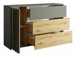 Clearance Juego de dormitorio completo diseño IZO: Armario, cama 180x200, cómoda, mesitas de noche, roble/ antracita Dormitorio Completo