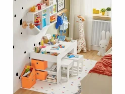 Sobuy Juego de Mesa Infantil y 2 Sillas de Madera Organizador de Juguetes Multifuncional con 8 Cestas y 1 Compartimiento 87 x 50 x 50 cm KMB75-W ES