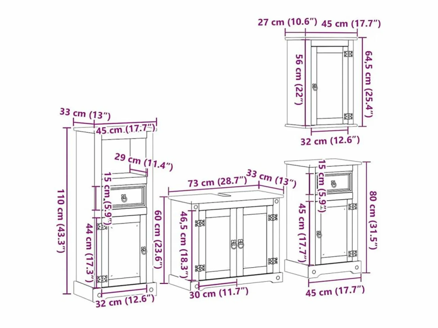 Online Juego de muebles de baño Corona 4 pzas madera maciza pino Estantería Sobre Inodoro