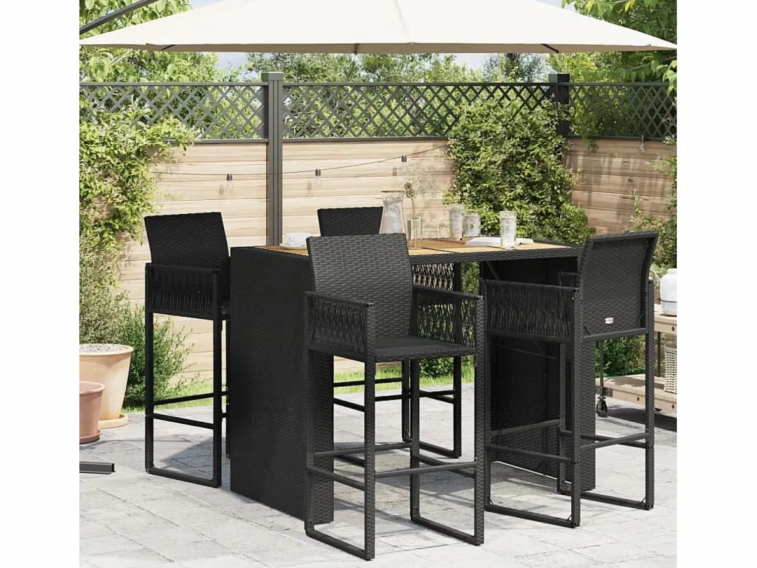Sale Garden Furniture Karaca Mesa alta jardín superficie madera ratán PE 145x80x110 cm Negro