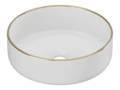 Best Shower & Design Lavabo de baño redondo, blanco brillante con borde dorado, 36 cm, LENISO Blanco / Dorado