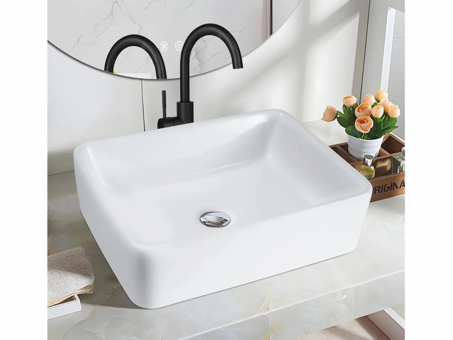 New NETTLIFE Lavabo lavabo de baño sobre encimera de cerámica - lavabo de baño cuadrado sobre encimera Blanco