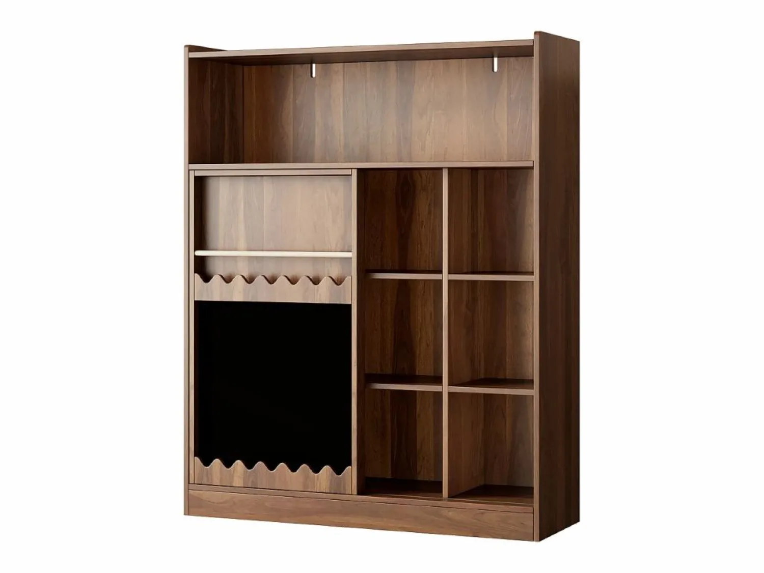 New Librería color nogal con puerta corredera, pizarra y 9 estantes abiertos, MDF Librería