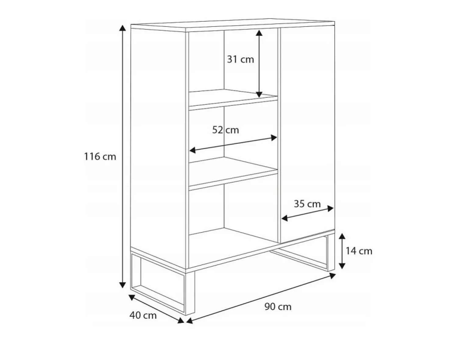 Librería Color Roble artesanal/negro 90x116x40 cm – Estilo Escandinavo con 3 Estantes, 1 Puerta y Patas Metálicas