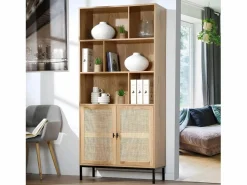 Calicosy Librería de 6 Compartimentos y 2 Puertas en Ratán Natural H175cm - JAYA Beige