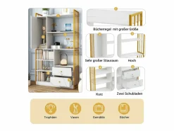 Sale Merax Librería de 6 estantes con una puerta y 2 cajones - 100 x 30 x 173,5 - Tablero de partículas y metal - dorado + Blanco