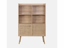 Sweeek Librería de 5 estantes, puertas correderas, efecto madera y caña