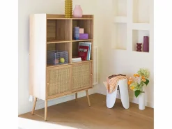 Sweeek Librería de 5 estantes, puertas correderas, efecto madera y caña
