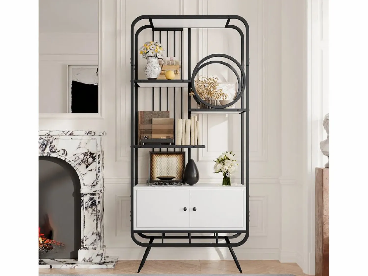 ModernLuxe Librería moderna de metal 80×30×180 cm - mueble con 2 puertas - 3 estantes - decoración circular - blanco +