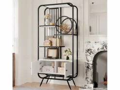 ModernLuxe Librería moderna de metal 80×30×180 cm - mueble con 2 puertas - 3 estantes - decoración circular - blanco +