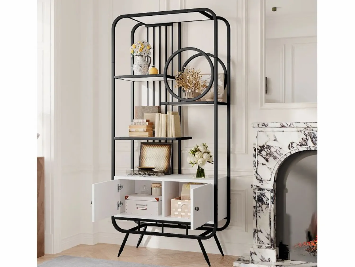 ModernLuxe Librería moderna de metal 80×30×180 cm - mueble con 2 puertas - 3 estantes - decoración circular - blanco +