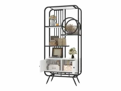 ModernLuxe Librería moderna de metal 80×30×180 cm - mueble con 2 puertas - 3 estantes - decoración circular - blanco +