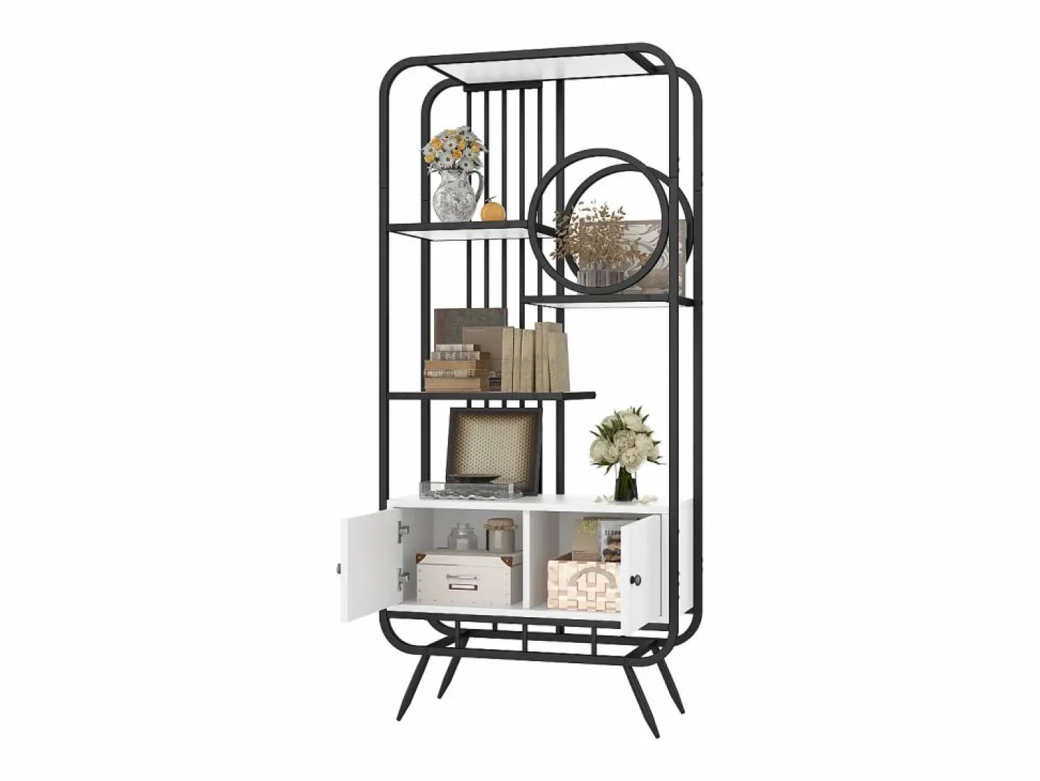 ModernLuxe Librería moderna de metal 80×30×180 cm - mueble con 2 puertas - 3 estantes - decoración circular - blanco +