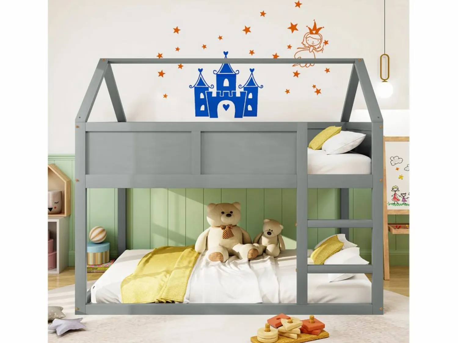 Discount Lit superposé 90x200cm, lit cabane enfant avec escalier et 1x sommier à lattes en haut, cadre en bois massif, bois Gris