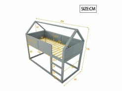 Discount Lit superposé 90x200cm, lit cabane enfant avec escalier et 1x sommier à lattes en haut, cadre en bois massif, bois Gris
