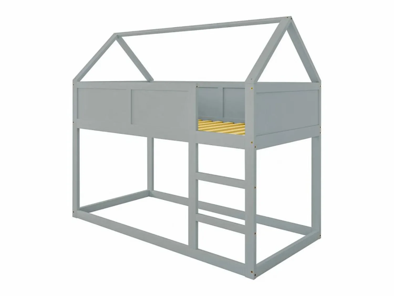 Discount Lit superposé 90x200cm, lit cabane enfant avec escalier et 1x sommier à lattes en haut, cadre en bois massif, bois Gris