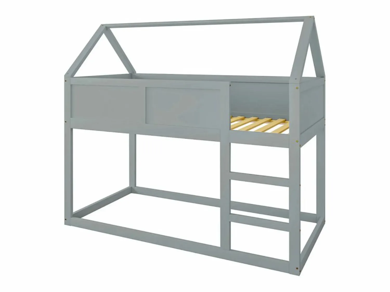 Discount Lit superposé 90x200cm, lit cabane enfant avec escalier et 1x sommier à lattes en haut, cadre en bois massif, bois Gris
