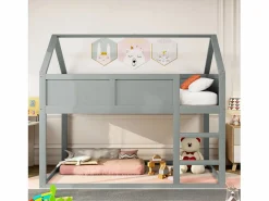 Discount Lit superposé 90x200cm, lit cabane enfant avec escalier et 1x sommier à lattes en haut, cadre en bois massif, bois Gris