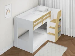 Clearance Litera 90 x 190 cm con almacenamiento en color blanco y natural - NAROJAS Cama Litera