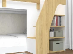 Clearance Litera 90 x 190 cm con almacenamiento en color blanco y natural - NAROJAS Cama Litera
