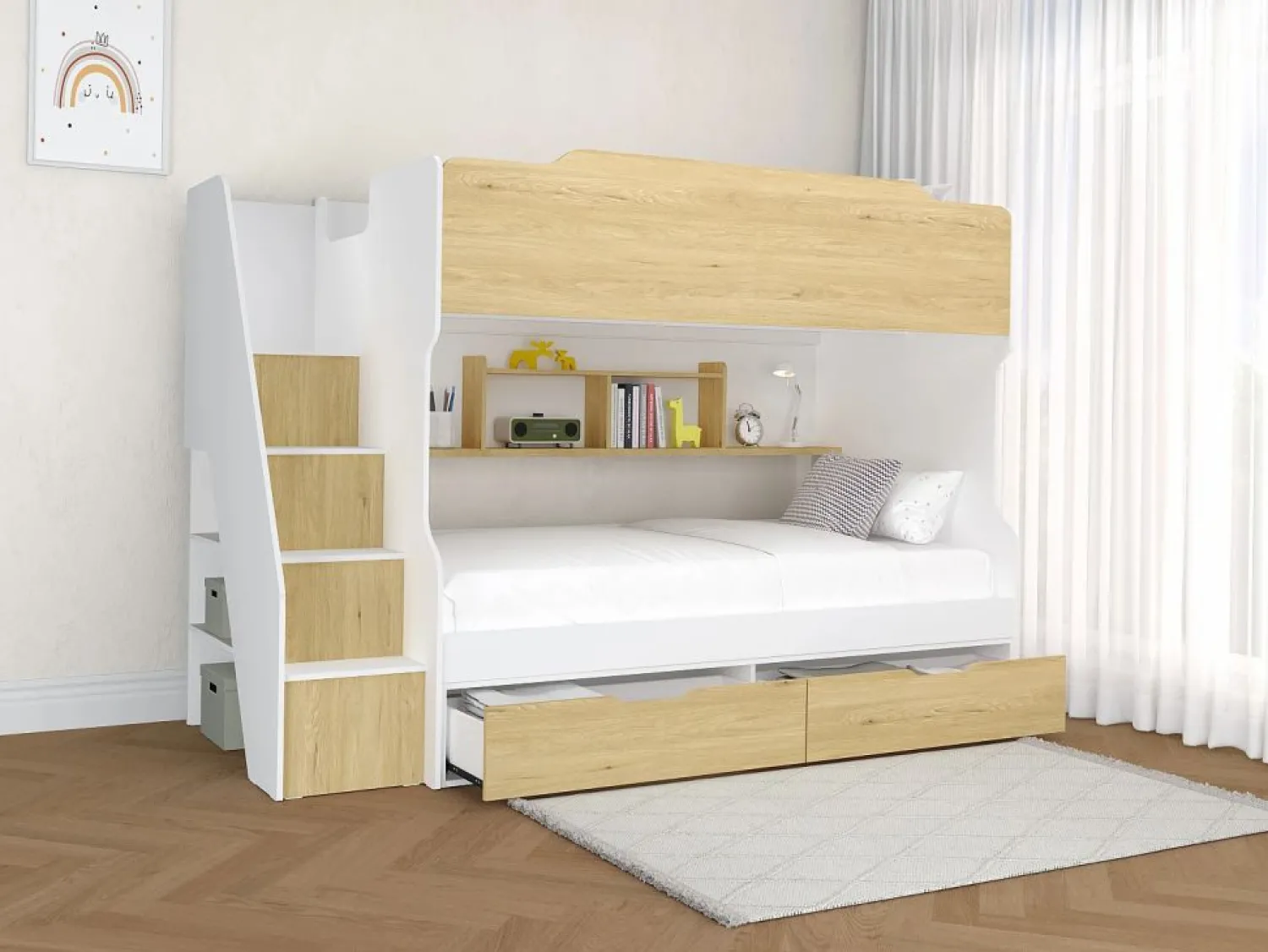 Vente-unique Litera 90 x 190 cm con almacenamiento en color blanco y natural + colchón - YALOVA