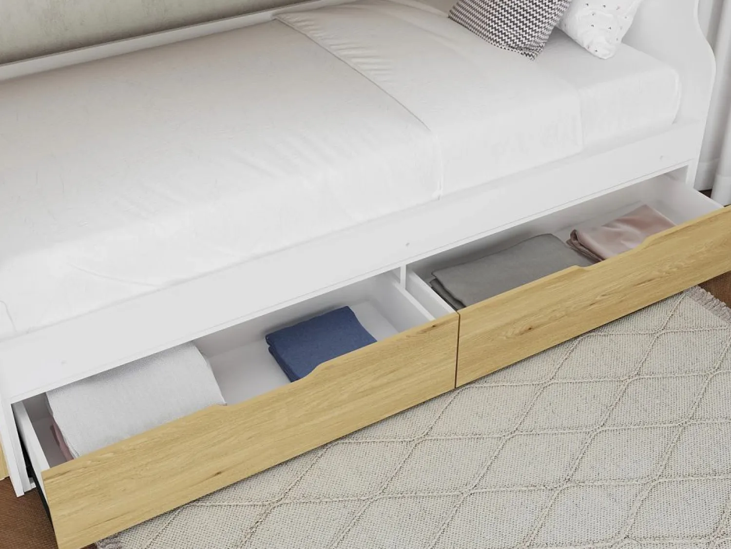 Vente-unique Litera 90 x 190 cm con almacenamiento en color blanco y natural + colchón - YALOVA