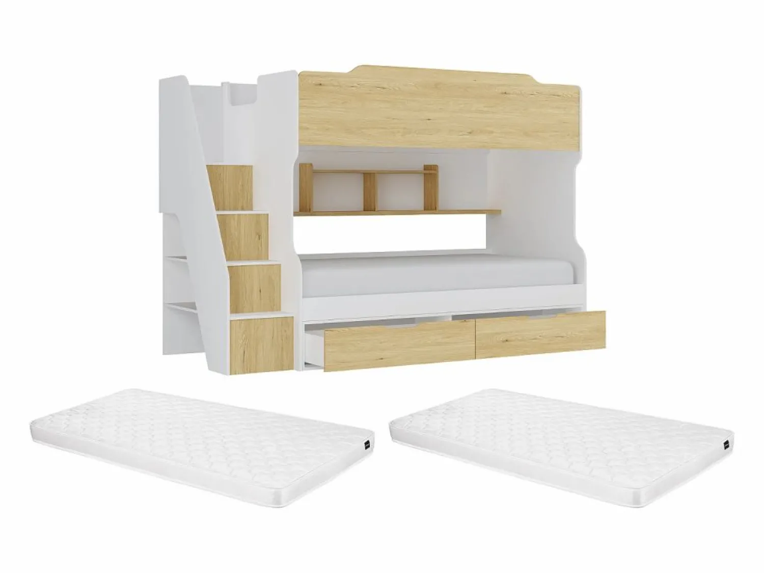 Vente-unique Litera 90 x 190 cm con almacenamiento en color blanco y natural + colchón - YALOVA
