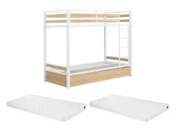 Vente-unique Litera 2 x 90 x 190 cm 1 cajón color natural y blanco + colchón - CASIDIA