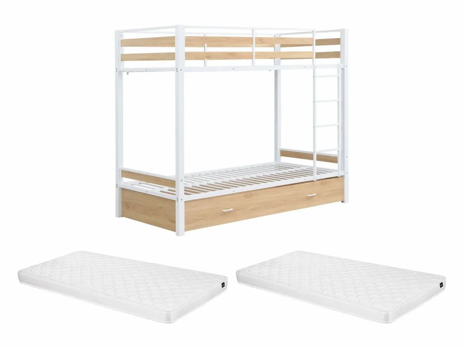 Vente-unique Litera 2 x 90 x 190 cm 1 cajón color natural y blanco + colchón - CASIDIA