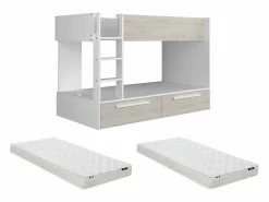 Vente-unique Litera 2 x 90 x 200 cm 2 cajones blanco y natural + colchón - TINOLI