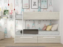 New Litera 2 x 90 x 200 cm 2 cajones color blanco y natural - TINOLI Cama Litera