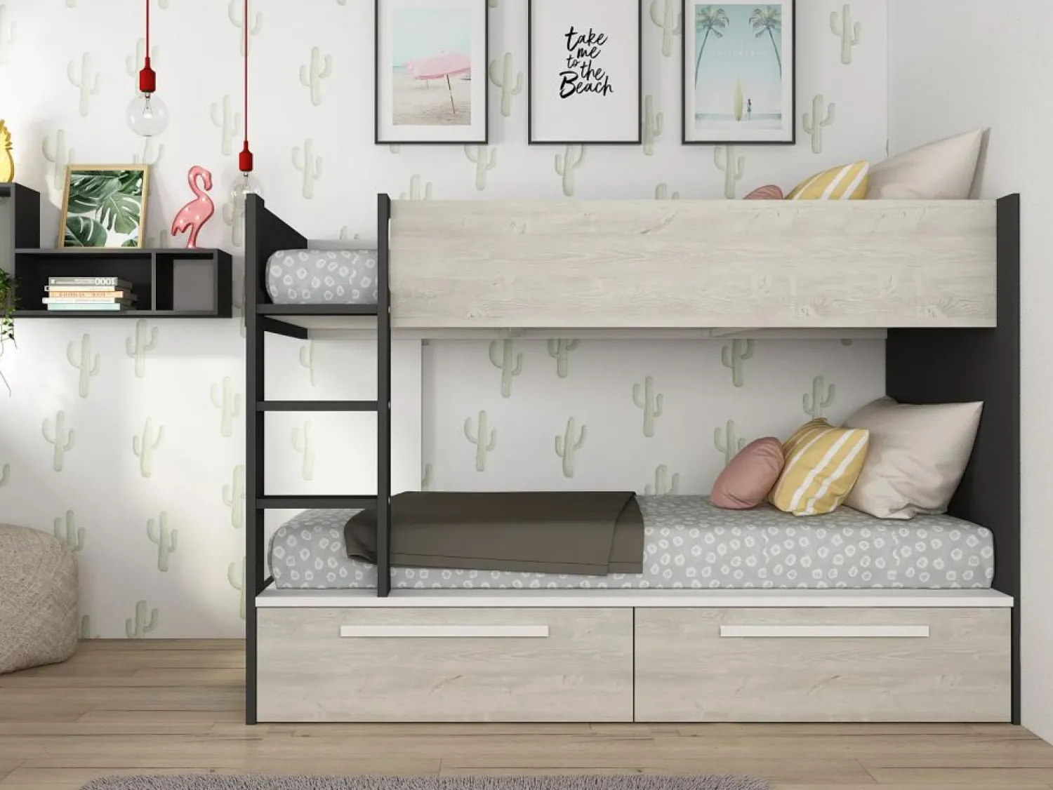 Clearance Vente-unique Litera 2 x 90 x 200 cm 2 cajones antracita, blanco y natural - TINOLI Gris antracita / Color natural claro