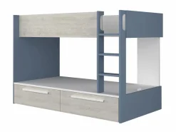 Vente-unique Litera 2 x 90 x 200 cm 2 cajones azul, blanco y natural + colchón - TINOLI Azul / Color natural claro