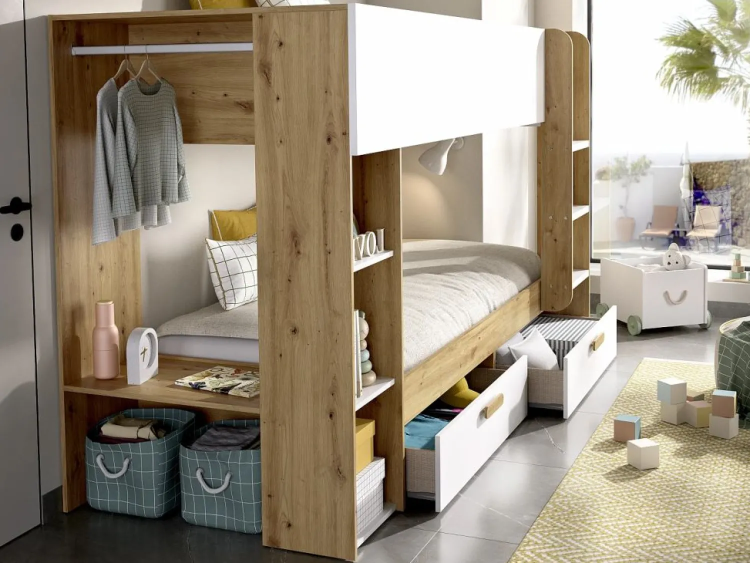Discount Litera 2 x 90 x 200 cm con compartimentos en color blanco y natural - OZANA Cama Litera