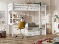 Vente-unique Litera alta 90 x 200 cm escritorio, sofá y almacenamiento de pino y MDF + colchón - GOLIATH