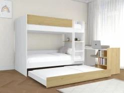 Clearance Litera con cama nido 3 x 90 x 190 cm 2 escritorios blanco y natural - DOMATI Cama Litera