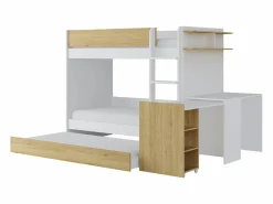 Clearance Litera con cama nido 3 x 90 x 190 cm 2 escritorios blanco y natural - DOMATI Cama Litera