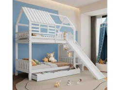 Litera con escalera y tobogán, casita con ventana, estructura de pino y MDF, color (254x213,5x223 cm)