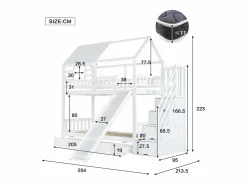 Litera con escalera y tobogán, casita con ventana, estructura de pino y MDF, color (254x213,5x223 cm)