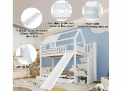 Litera con escalera y tobogán, casita con ventana, estructura de pino y MDF, color (254x213,5x223 cm)
