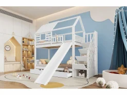 Litera con escalera y tobogán, casita con ventana, estructura de pino y MDF, color (254x213,5x223 cm)