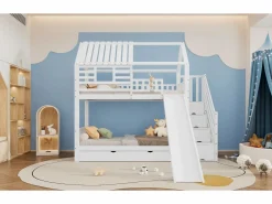 Litera con escalera y tobogán, casita con ventana, estructura de pino y MDF, color (254x213,5x223 cm)