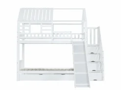 Litera con escalera y tobogán, casita con ventana, estructura de pino y MDF, color (254x213,5x223 cm)